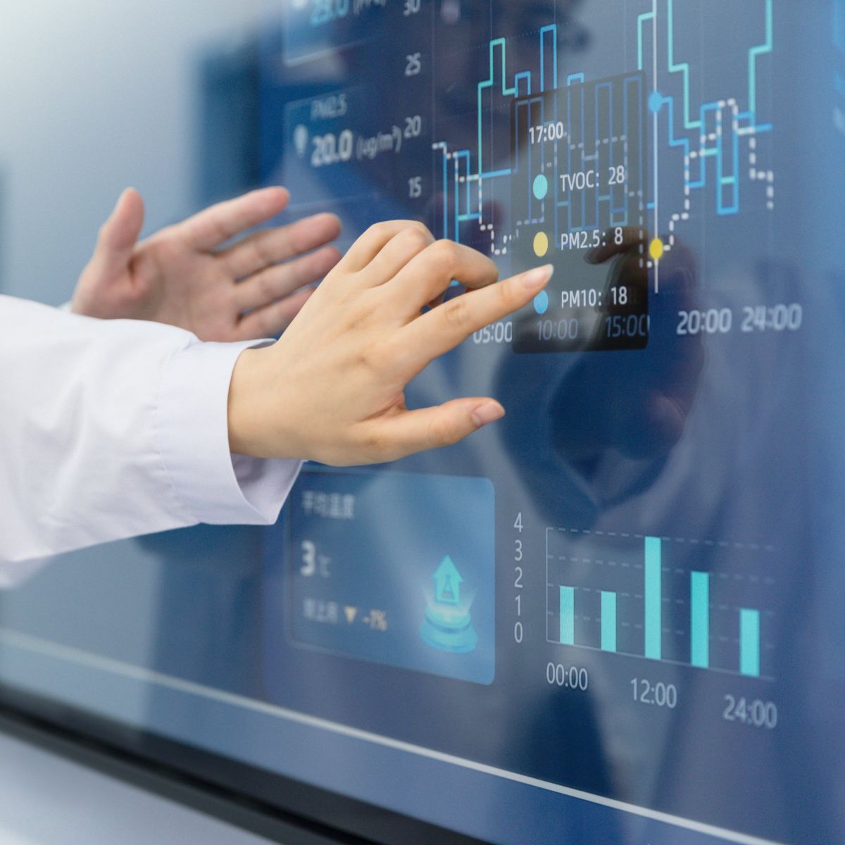 Researchers interact with an advanced digital display to analyze real-time environmental data metrics and air quality trends in a laboratory setting.