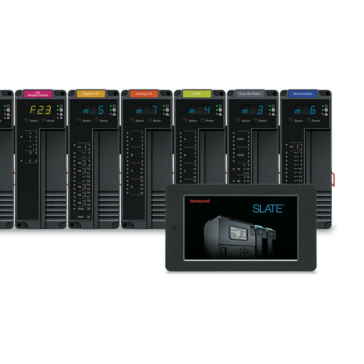 Honeywell SLATE modular combustion control system with burner control, I/O modules, and display for industrial automation and safety.