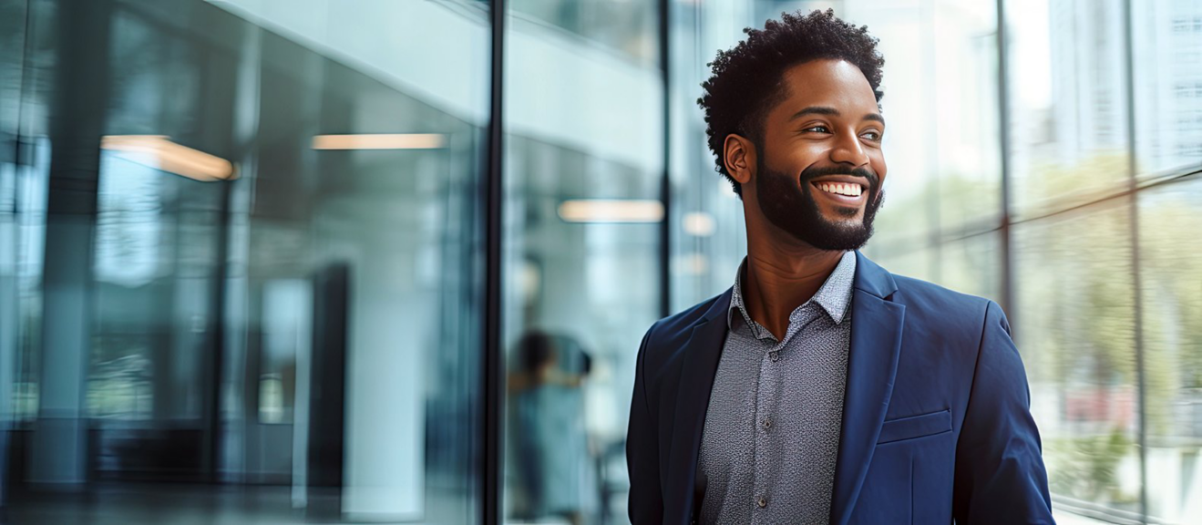 A smiling man in a blue blazer stands inside a modern glass-walled office.