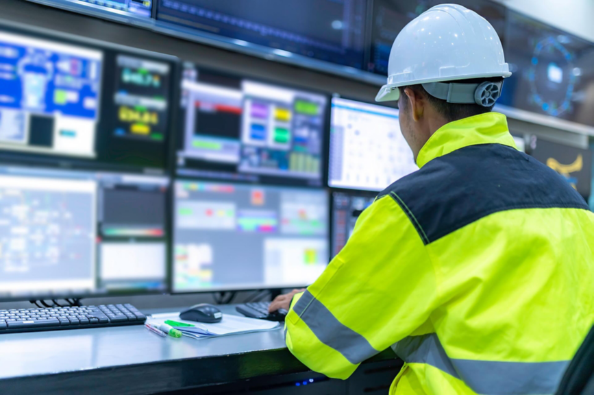 Worker in high-visibility jacket and hard hat operating multiple digital control screens in an industrial control room.