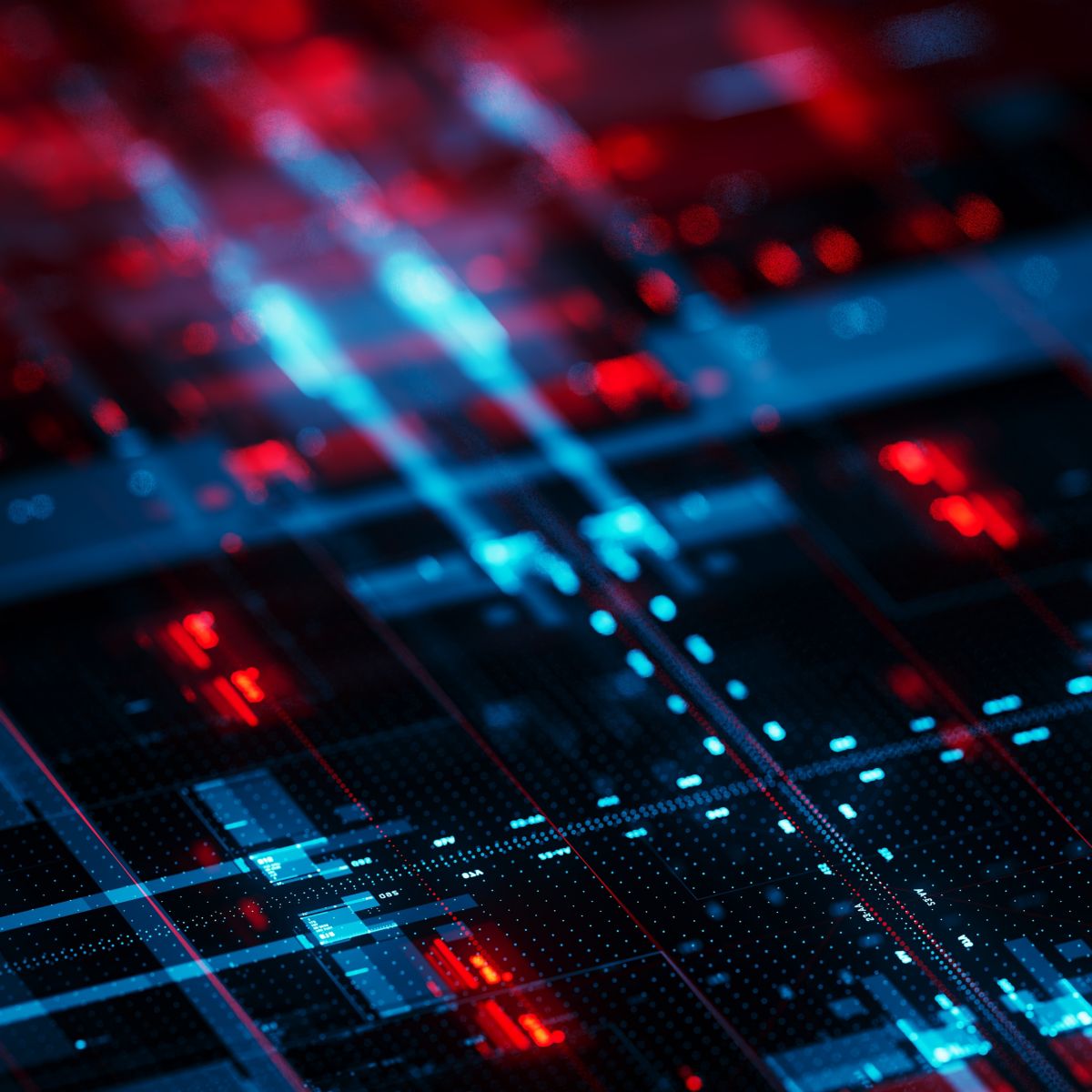 Digitally generated image of an cubic data tech block, abstract design featuring several interconnected, box blocks-like structures that appear to pattern. These blocks are illuminated with a digital blue and green color scheme, with countless tiny, glowing elements resembling data streams or circuit boards. Artificial intelligence, machine learning or digital transformation concept.