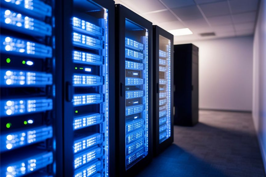 Modern data centre server racks with blue LED lighting, representing secure digital infrastructure, cloud computing, connectivity, and enterprise technology operations.