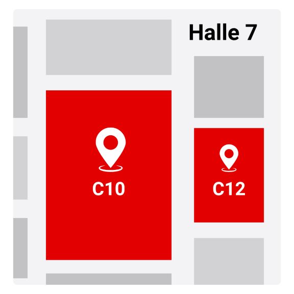 Illustrated exhibition hall map showing marked locations C10 and C12 inside Halle 7, designed for clear visitor navigation and event wayfinding.