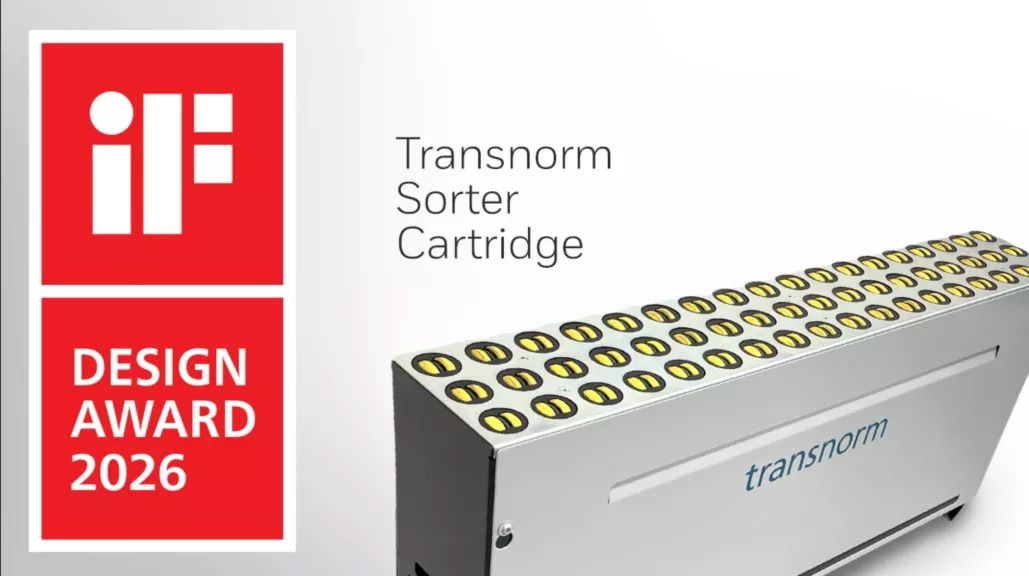 Award-winning Honeywell Transnorm TS4810 sorter cartridge designed for high-speed package sorting, operational flexibility, and improved energy efficiency in warehouse environments.