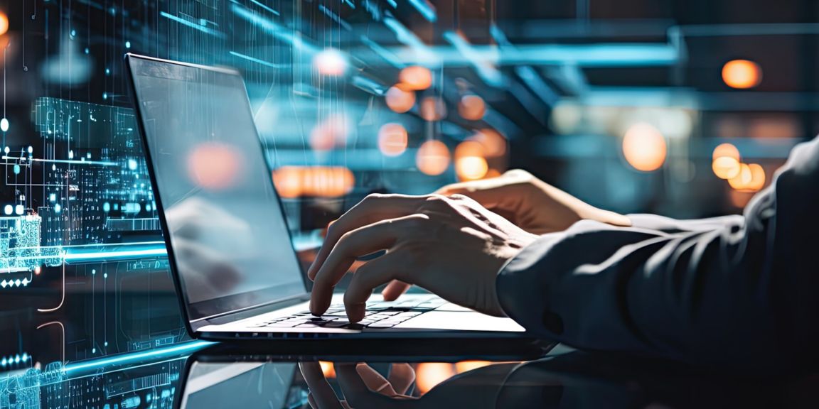 A close-up of hands typing on a laptop, with glowing data visualizations and reflections in the background.