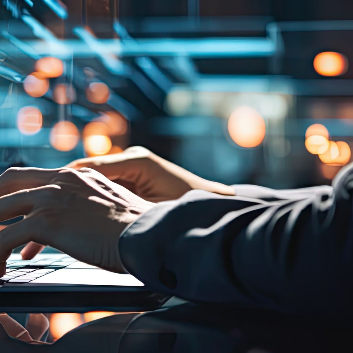 A close-up of hands typing on a laptop, with glowing data visualizations and reflections in the background.