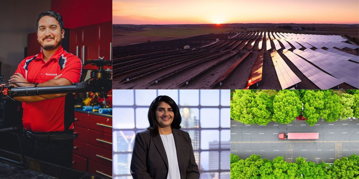 A collage of four images, including two photos of Honeywell employees; an aerial view of a red truck driving on a road surrounded by greenery; and a view of a solar farm. 