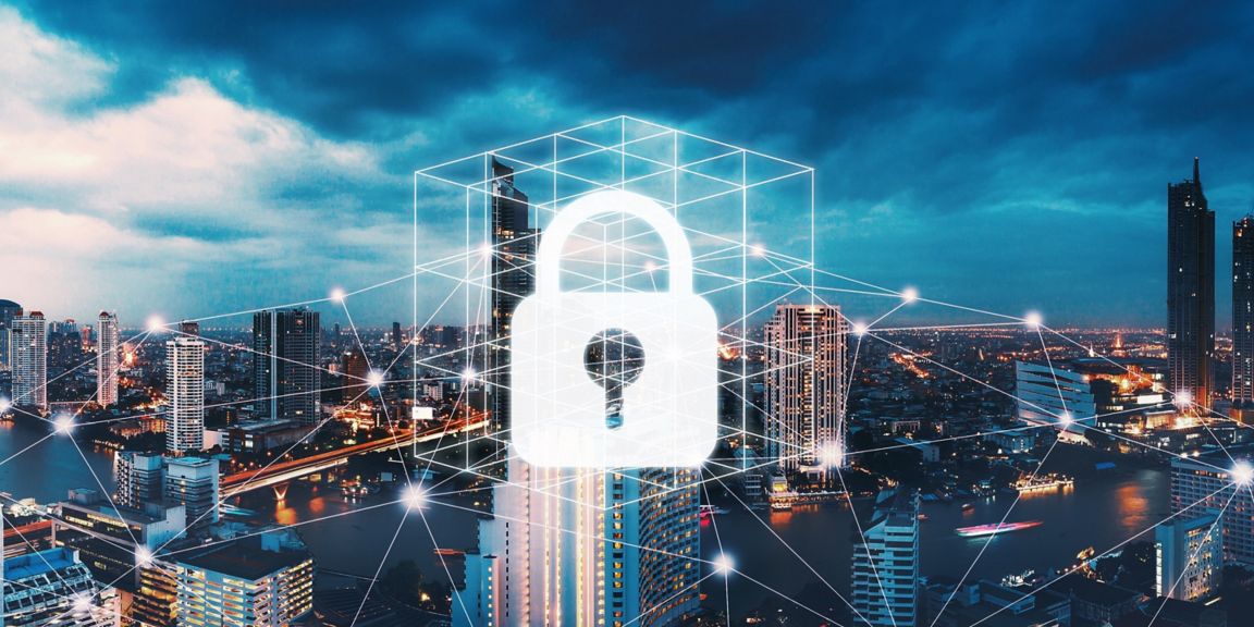 Network cyber security technology concept with graphic secure lock icon and global network line in bangkok city background at night in Thailand, Aerial panorama view