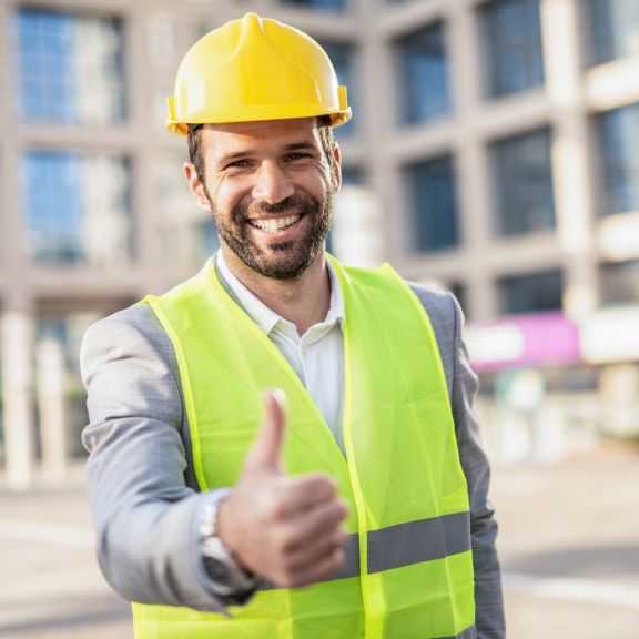 Happy male Mid Adult Architect \ Engineer looking at camera and showing thumb up. Ready for work.