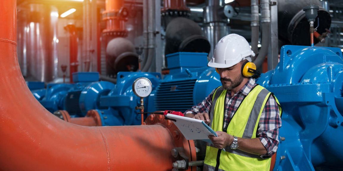 Mechanical engineer Checking of centrifugal pump in pump room. worker working in plant room.