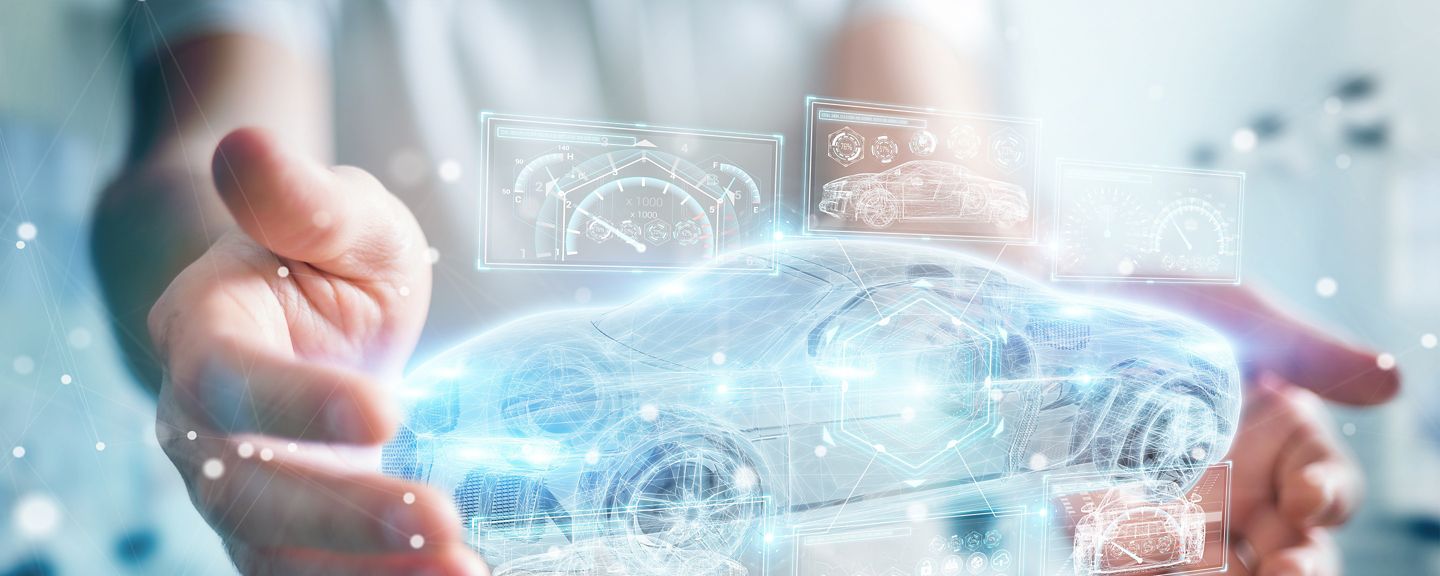 Businessman on blurred background modern smart car interface 3D rendering