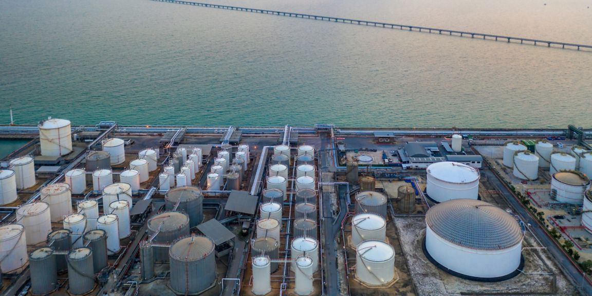 Liquid chemical tank terminal, Storage of liquid chemical and petrochemical products tank, Aerial view.