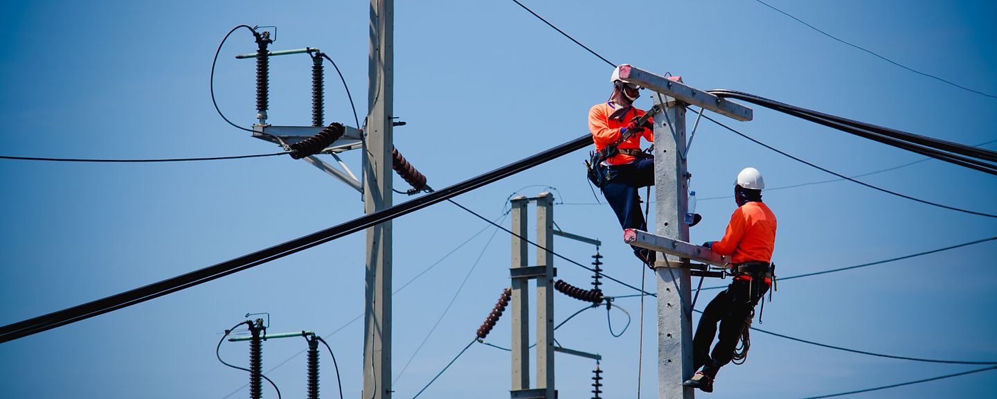 Electricians are climbing on electric poles to install and repair power lines.
