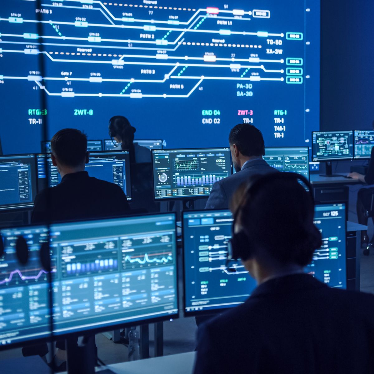 Team of Professional Computer Data Science Engineers Work on Desktops with Screens Showing Charts, Graphs, Infographics, Technical Neural Data and Statistics. Low Key Control and Monitoring Room.