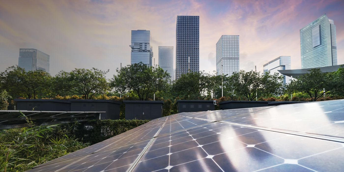 Solar Power Plant in modern city,Sustainable Renewable Energy.