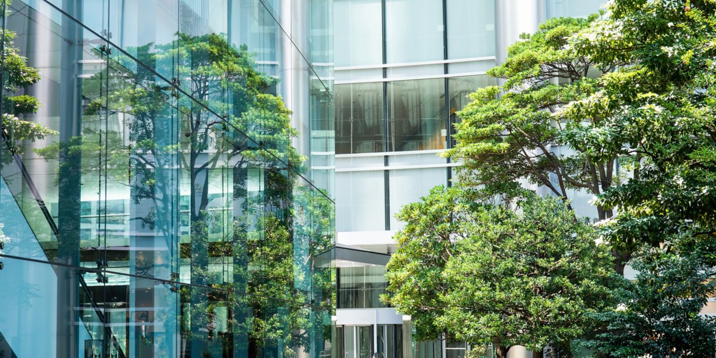 View of building surrounded by trees.