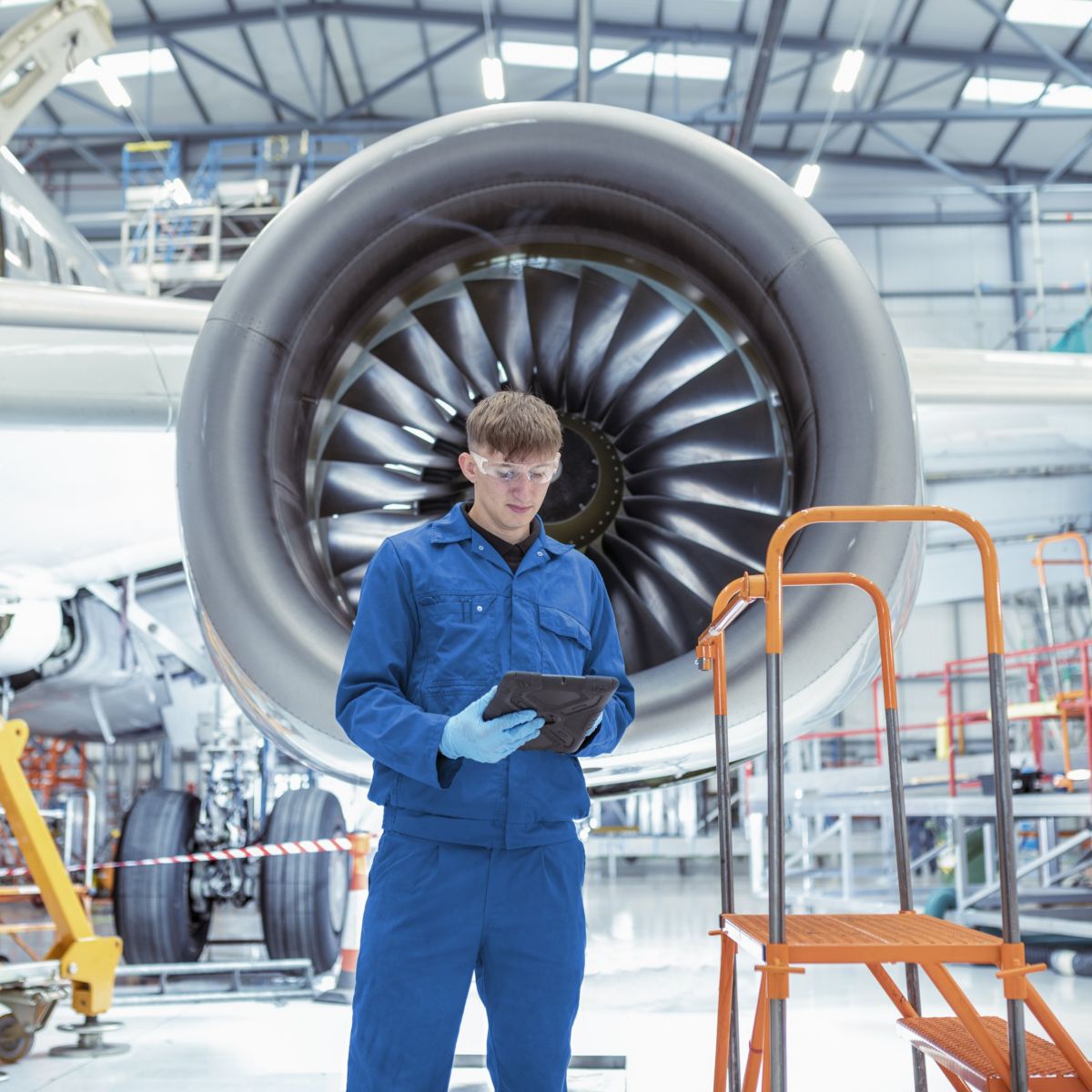 A technician in blue coveralls uses a digital tablet to inspect aircraft components inside a busy aviation hangar.