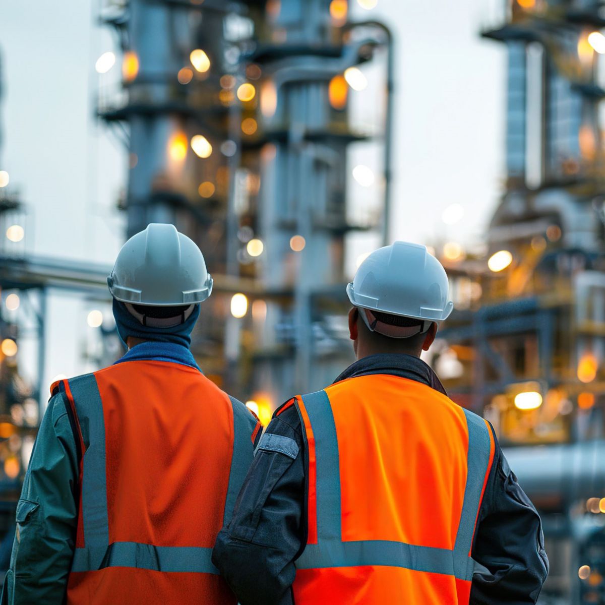 Two workers in helmets and safety vests look at an oil refinery, illuminated by many lights, during twilight.