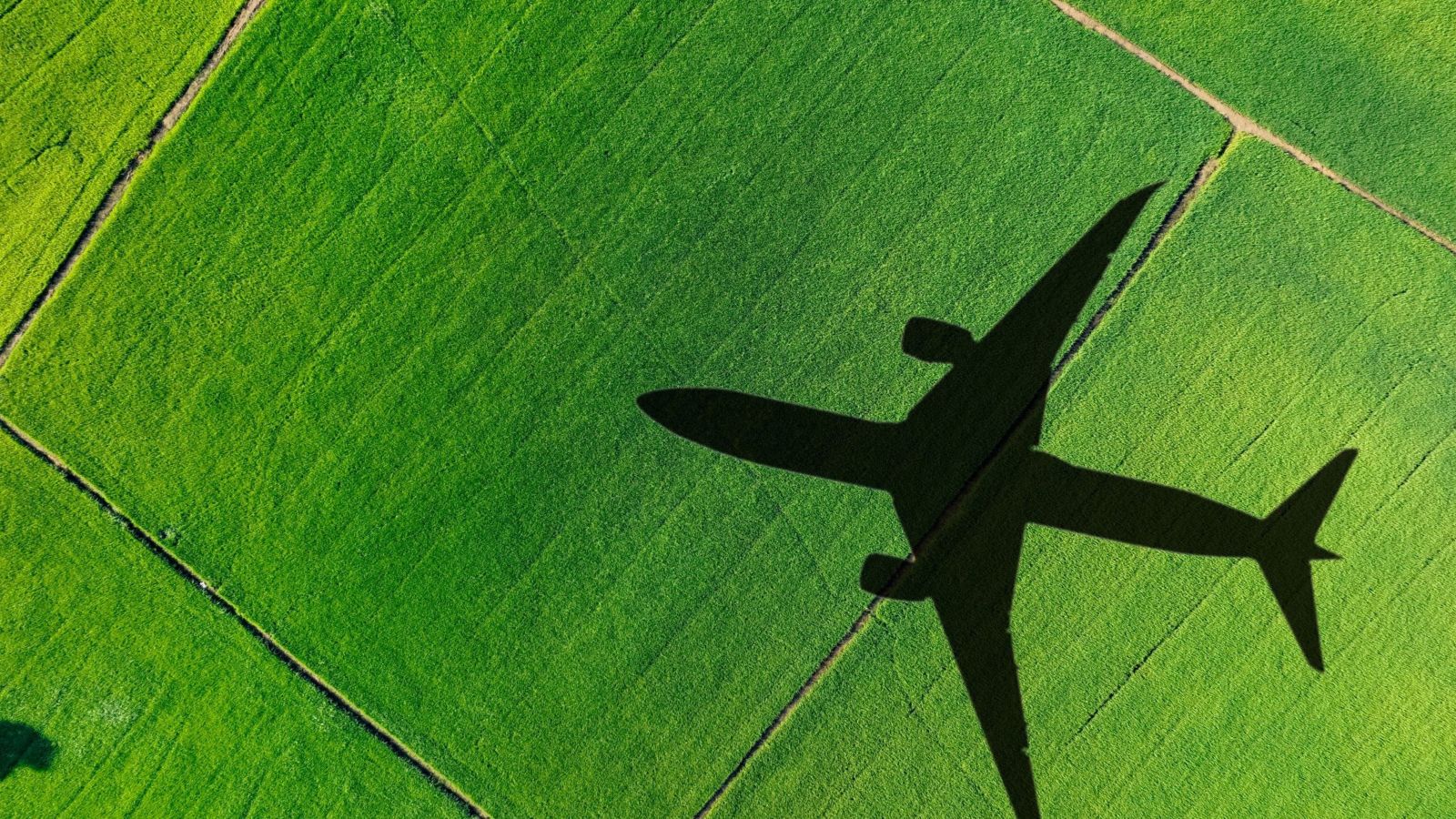 An aerial view captures the shadow of an airplane flying over vibrant green fields, highlighting the contrast between nature and flight.