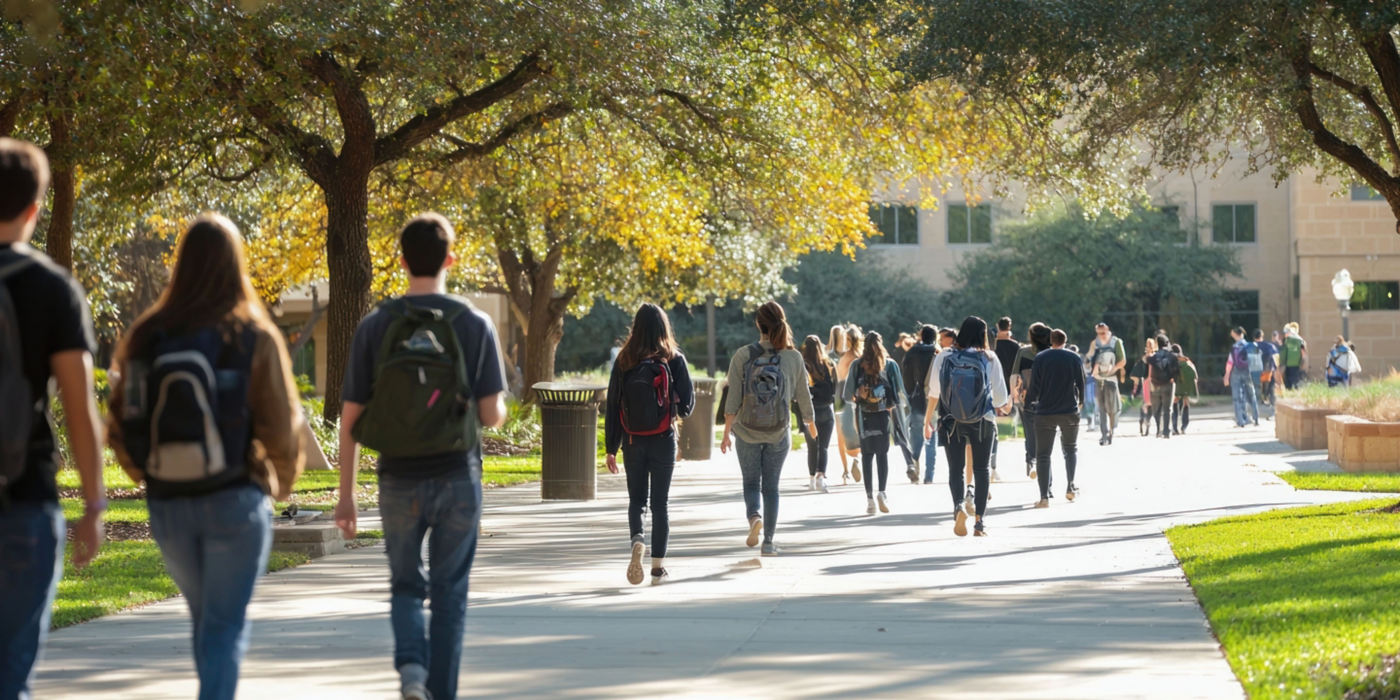 Backpacks on students walking beneath trees on sunny campus.