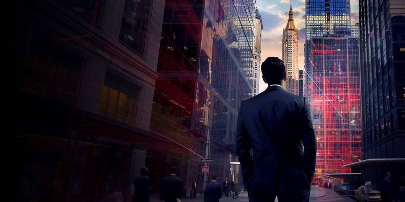 Man looking at the sky between tall buildings