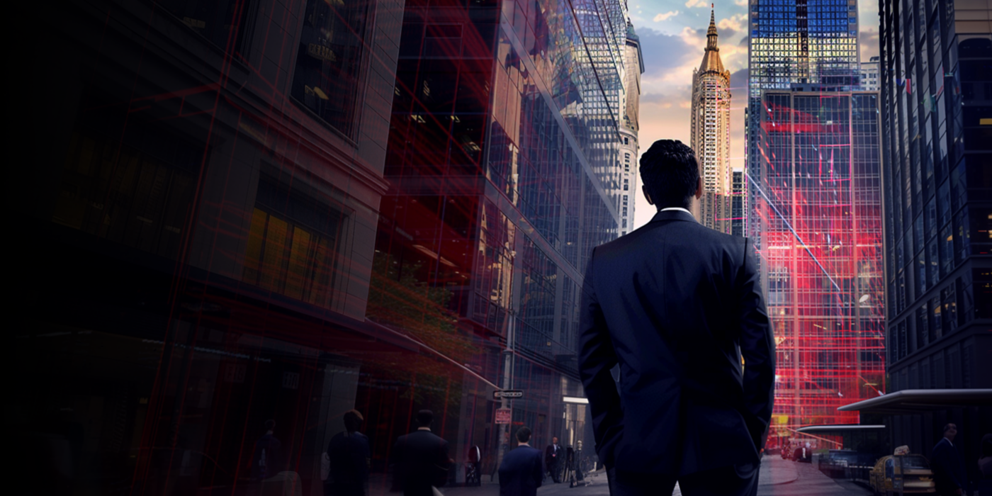 Man looking at the sky between tall buildings