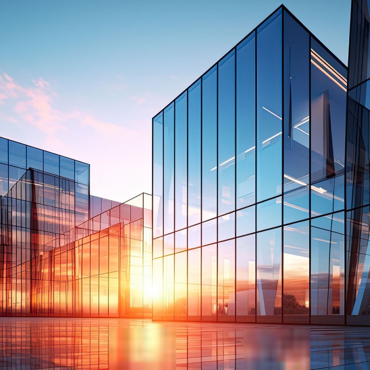 Front of building at sunset