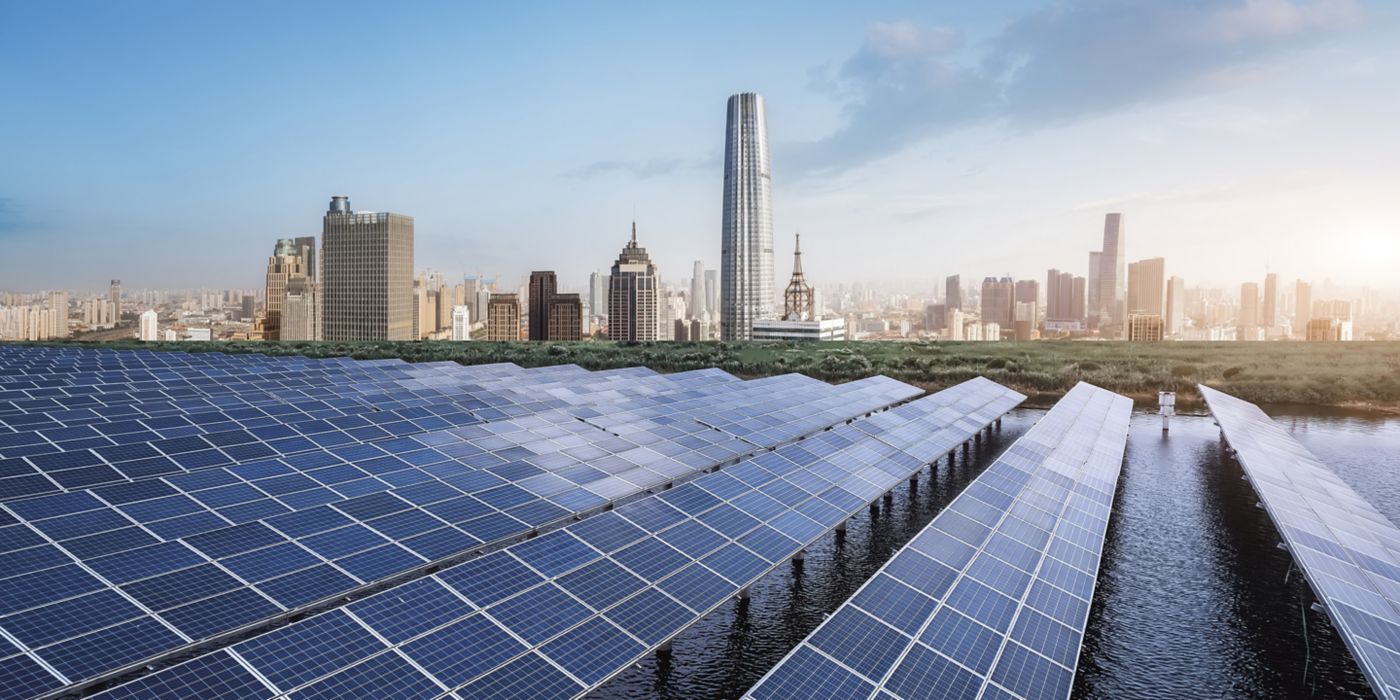 Modern City Skyline with Solar Power Plant
