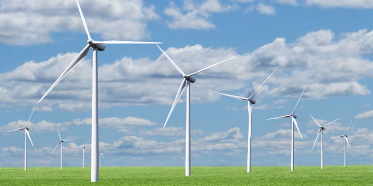 wind turbines in a green field