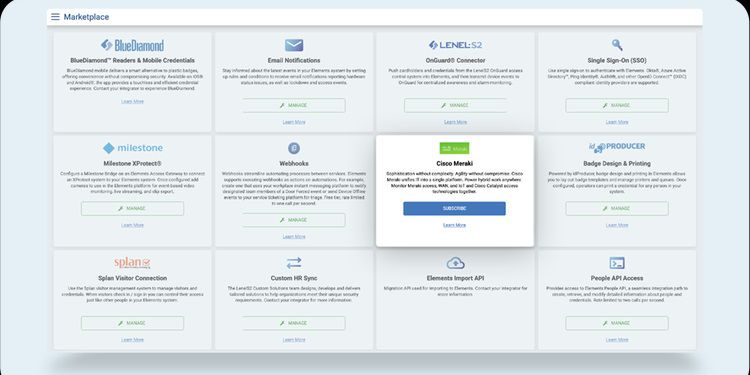 Marketplace dashboard showing LenelS2 Elements integrations, including Cisco Meraki and other connected services for unified access control and system management.