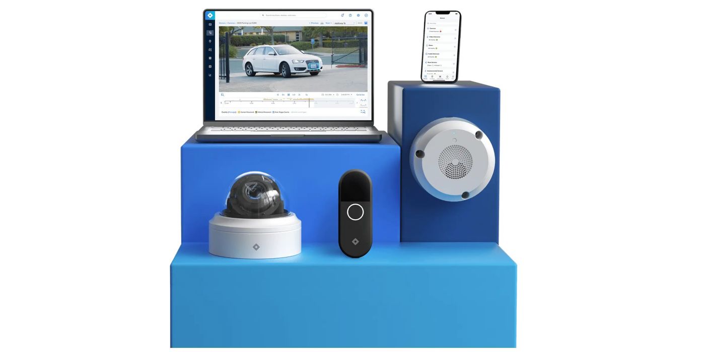 LenelS2 Elements platform displayed with Rhombus security devices, including video surveillance, access readers, and mobile management for unified security operations.