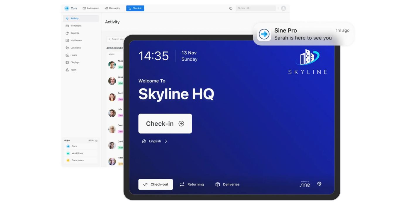 Tablet‑based visitor check‑in interface powered by Sine Pro, showing digital reception, visitor notifications, and streamlined guest management within facilities.