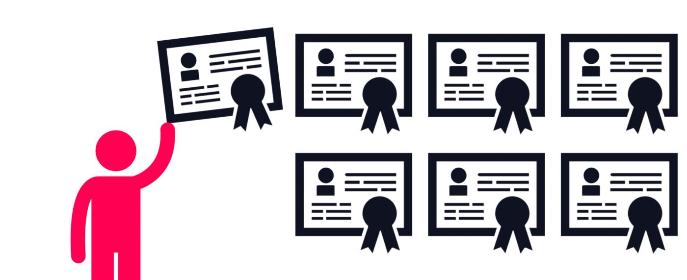 Visual of multiple certificates and a figure holding one, symbolizing recognition and verified accomplishments.