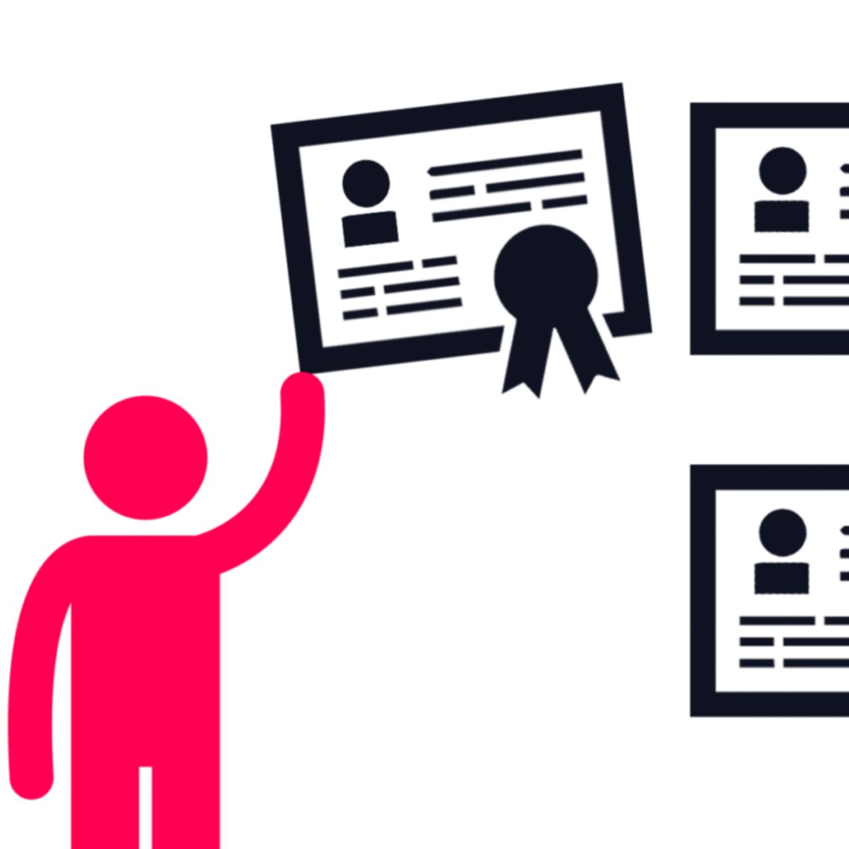 Visual of multiple certificates and a figure holding one, symbolizing recognition and verified accomplishments.