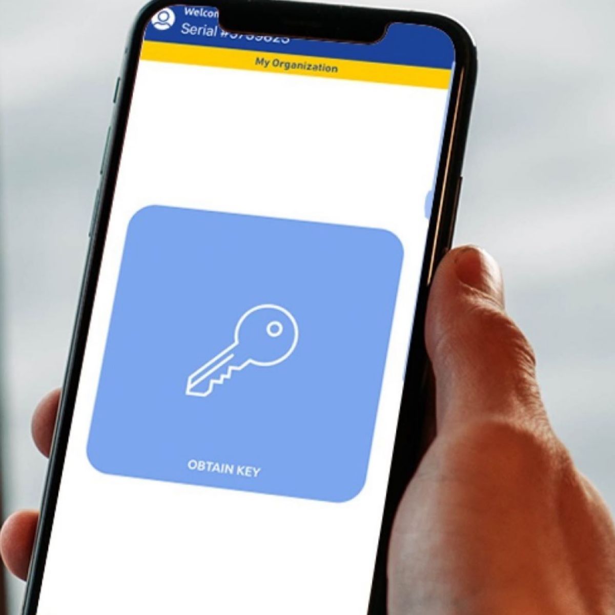 Supra eKEY app with large obtain key button for managed access on mobile phone.