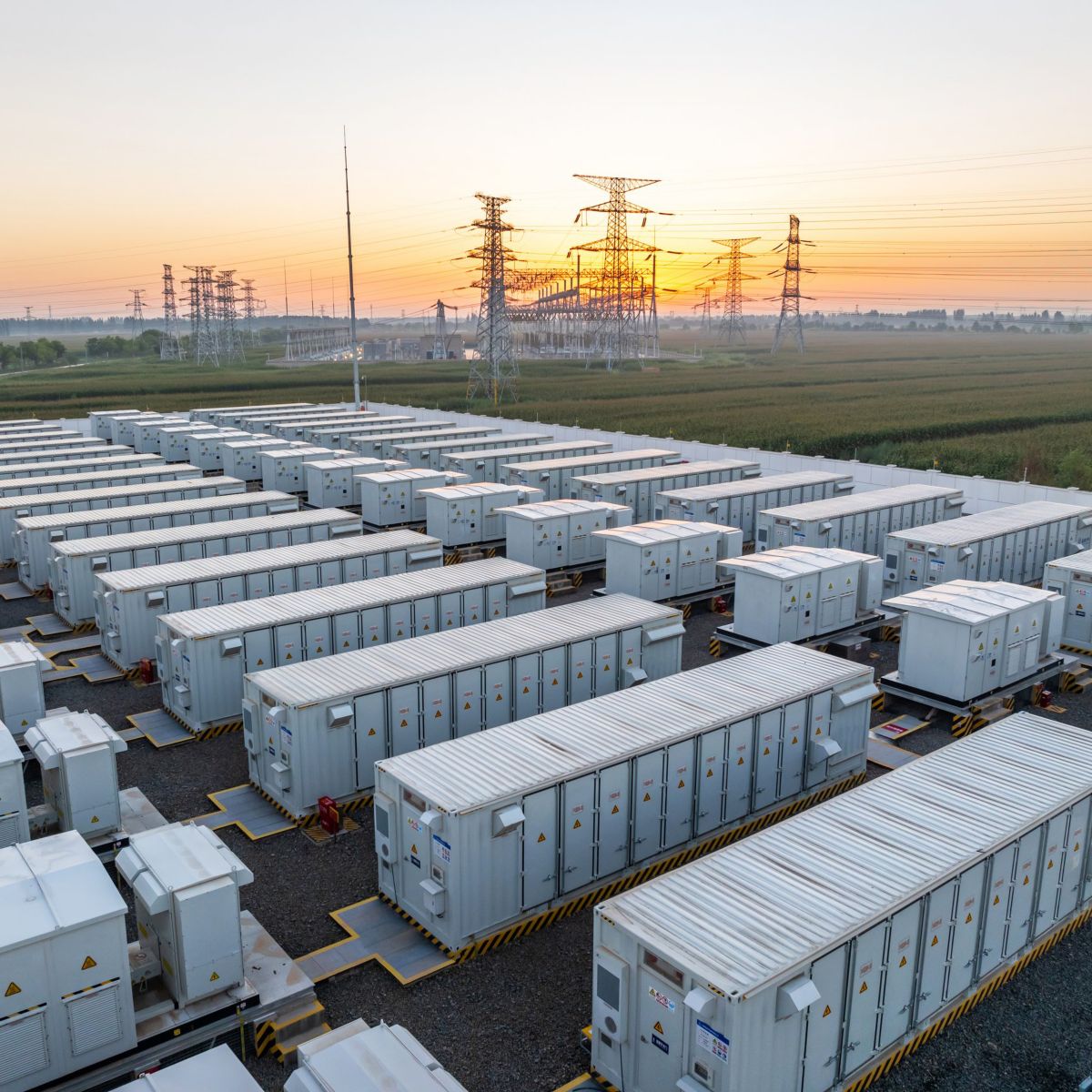 Aerial view of a large-scale industrial battery energy storage system at sunset near high-voltage transmission towers.