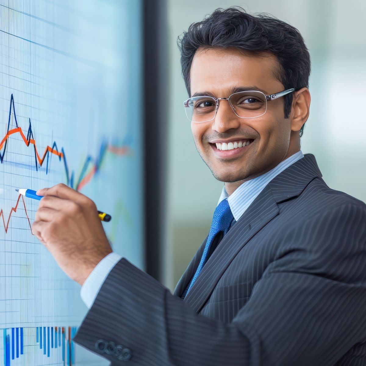business, statistics and people concept - smiling indian businessman with marker drawing chart on screen or glass wall over office background hyper realistic --ar 16:9 --v 6.1 Job ID: 74174e33-f7d5-4507-a74e-8b48e56f49a1