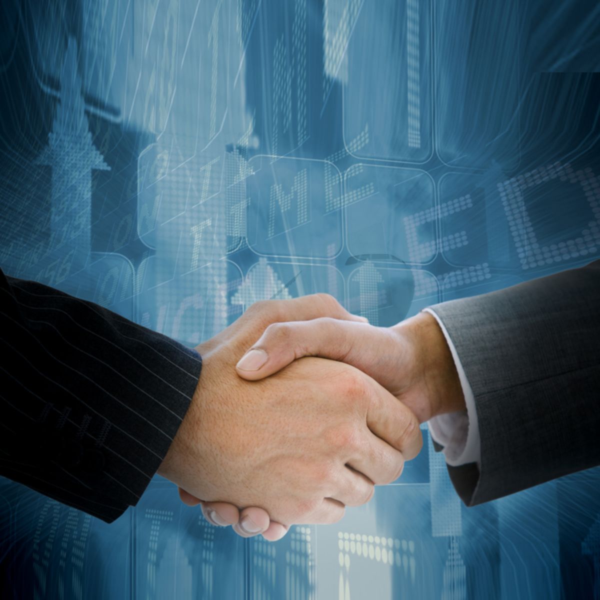 Close-up of a professional handshake with a digital graphics overlay, symbolising business partnerships, networking, and corporate collaboration.