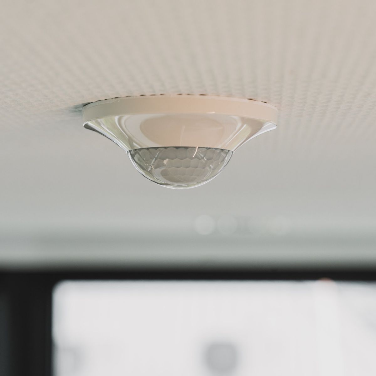 A low-angle close-up of a white passive infrared motion detector installed on a textured office ceiling.