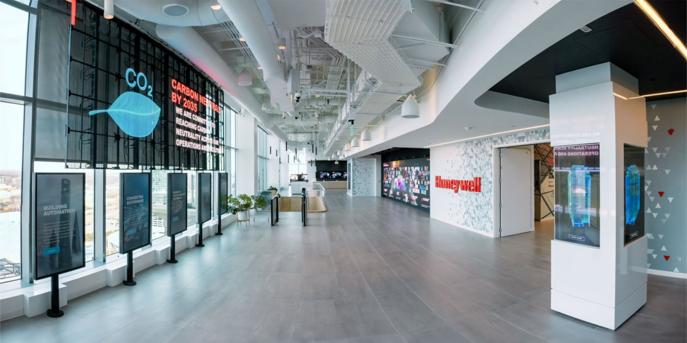 Open innovation space displaying Honeywell’s smart building technologies, energy management solutions, and connected infrastructure systems.