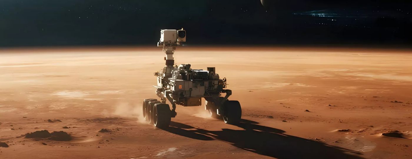 Mars rover operating in an extreme planetary environment, highlighting the reliability, durability, and precision of mission-critical components used in aerospace and space exploration.