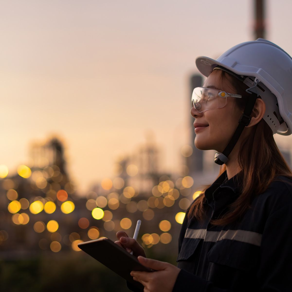 Petroleum oil refinery engineer worker in oil and gas industrial with personal safety equipment PPE to inspection follow checklist by tablet.