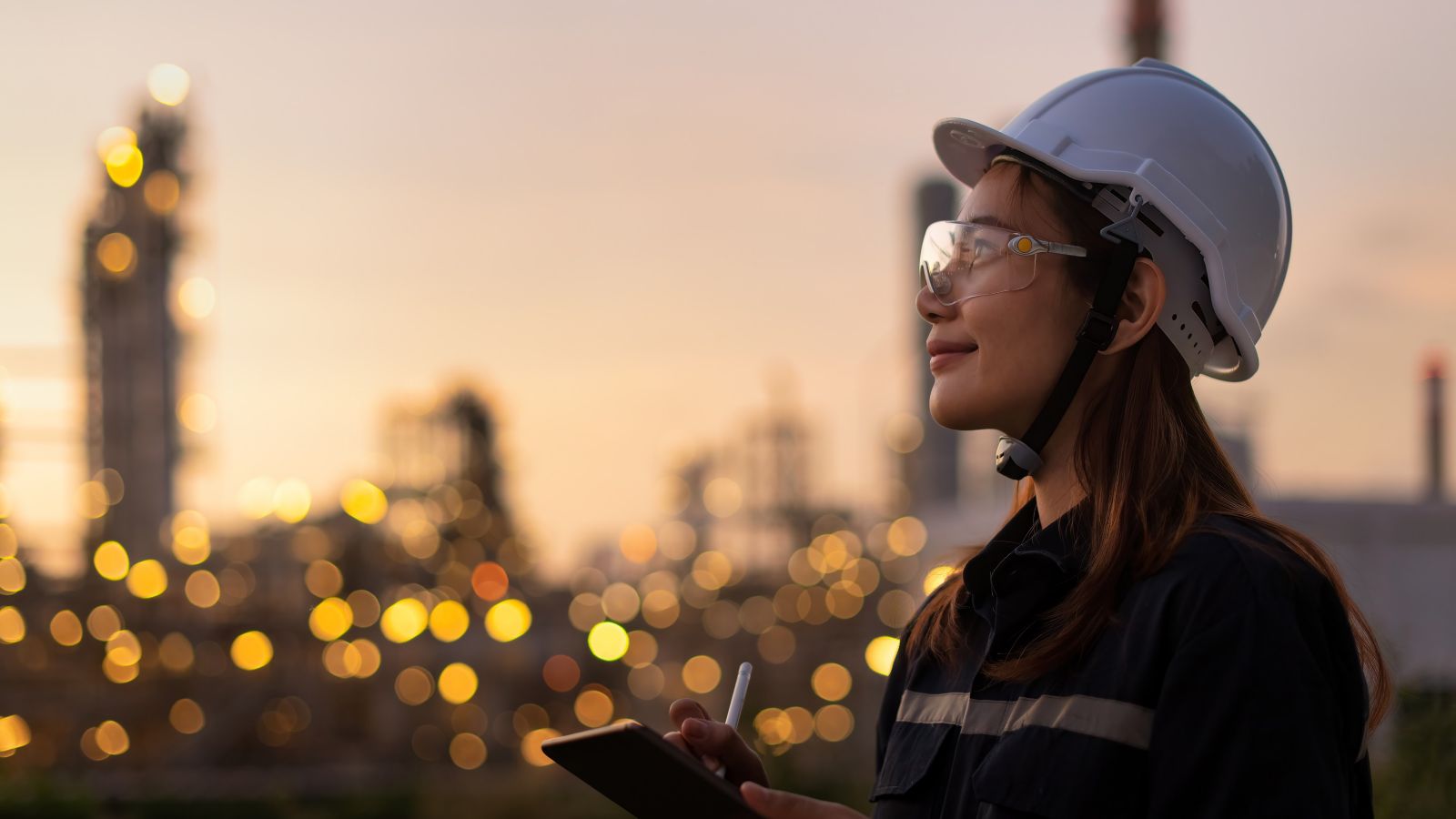 Petroleum oil refinery engineer worker in oil and gas industrial with personal safety equipment PPE to inspection follow checklist by tablet.