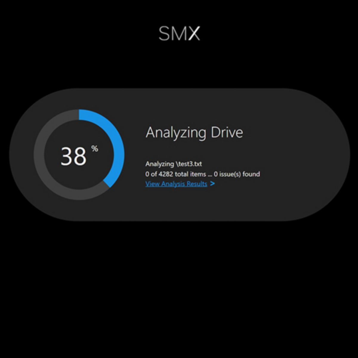 Digital scanning interface showing device analysis progress with zero issues detected