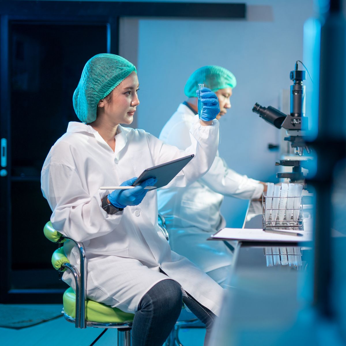 Clinicians working at lab table one looking at item in hand.