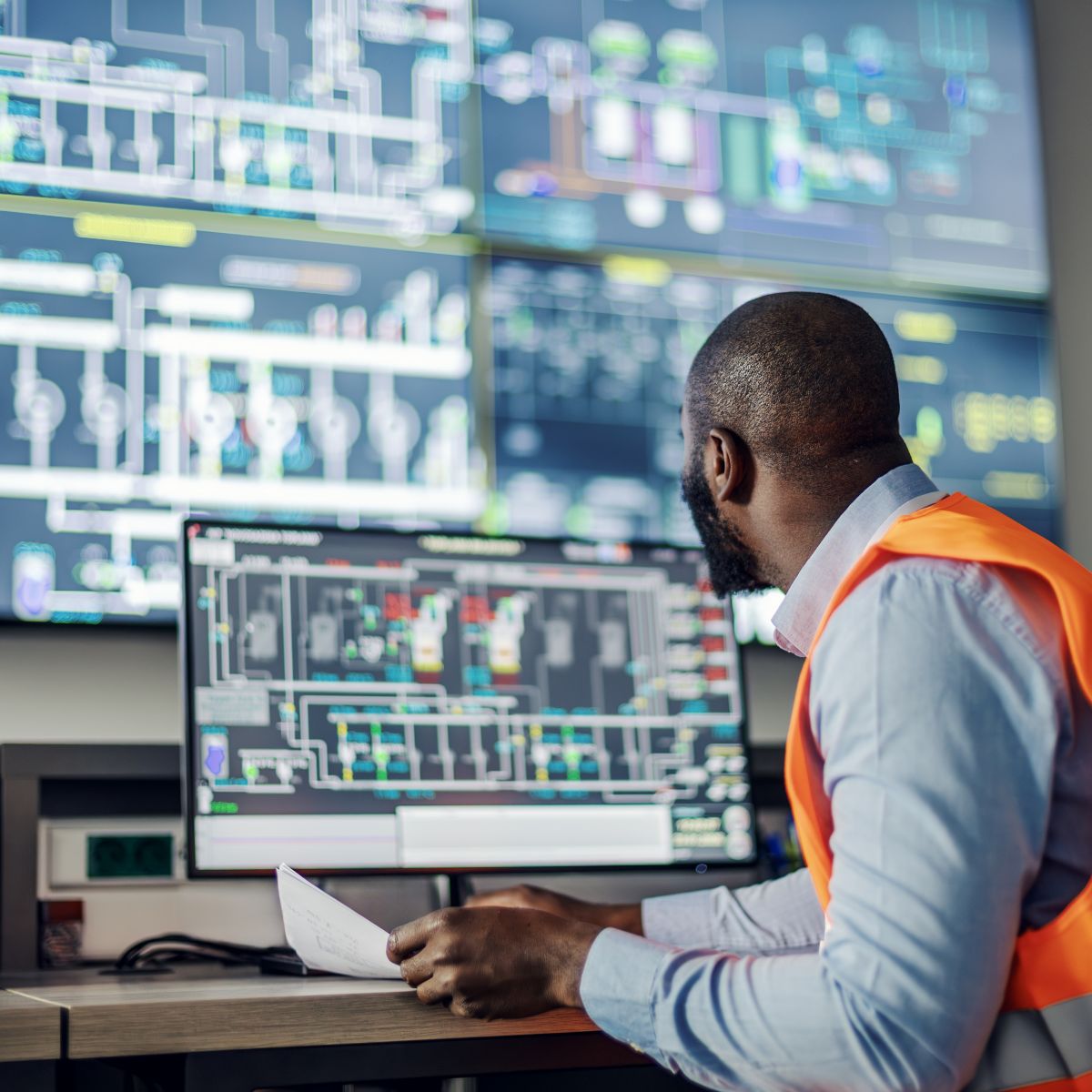 African american engineer operating a supervisory control and data acquisition system, checking schematics and process flow on multiple screens in a modern control room