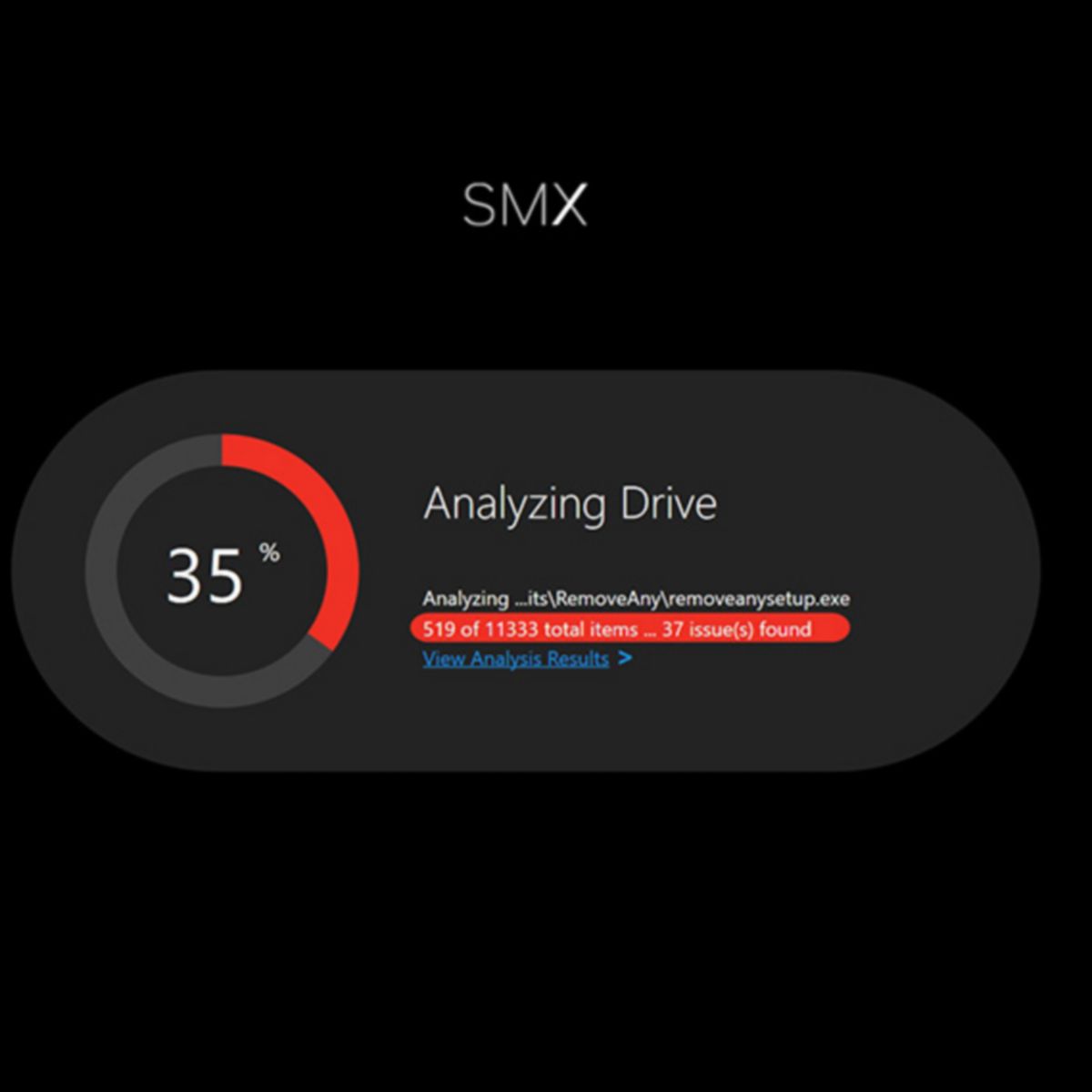 Digital interface showing drive scan at thirty five percent with detected security issues