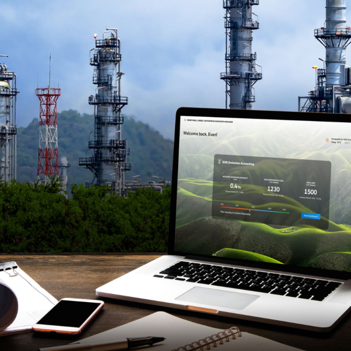 Industrial facility paired with a digital dashboard showcasing emissions monitoring, data insights, and environmental performance for modern operations
