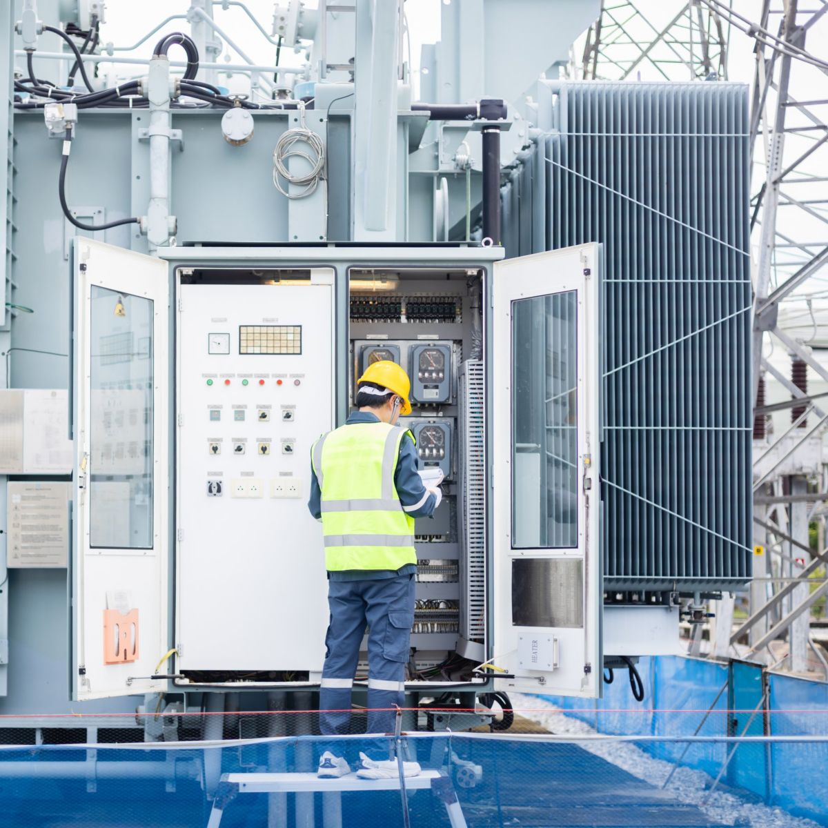 A technician in high-visibility safety gear inspects an industrial power transformer at a substation.