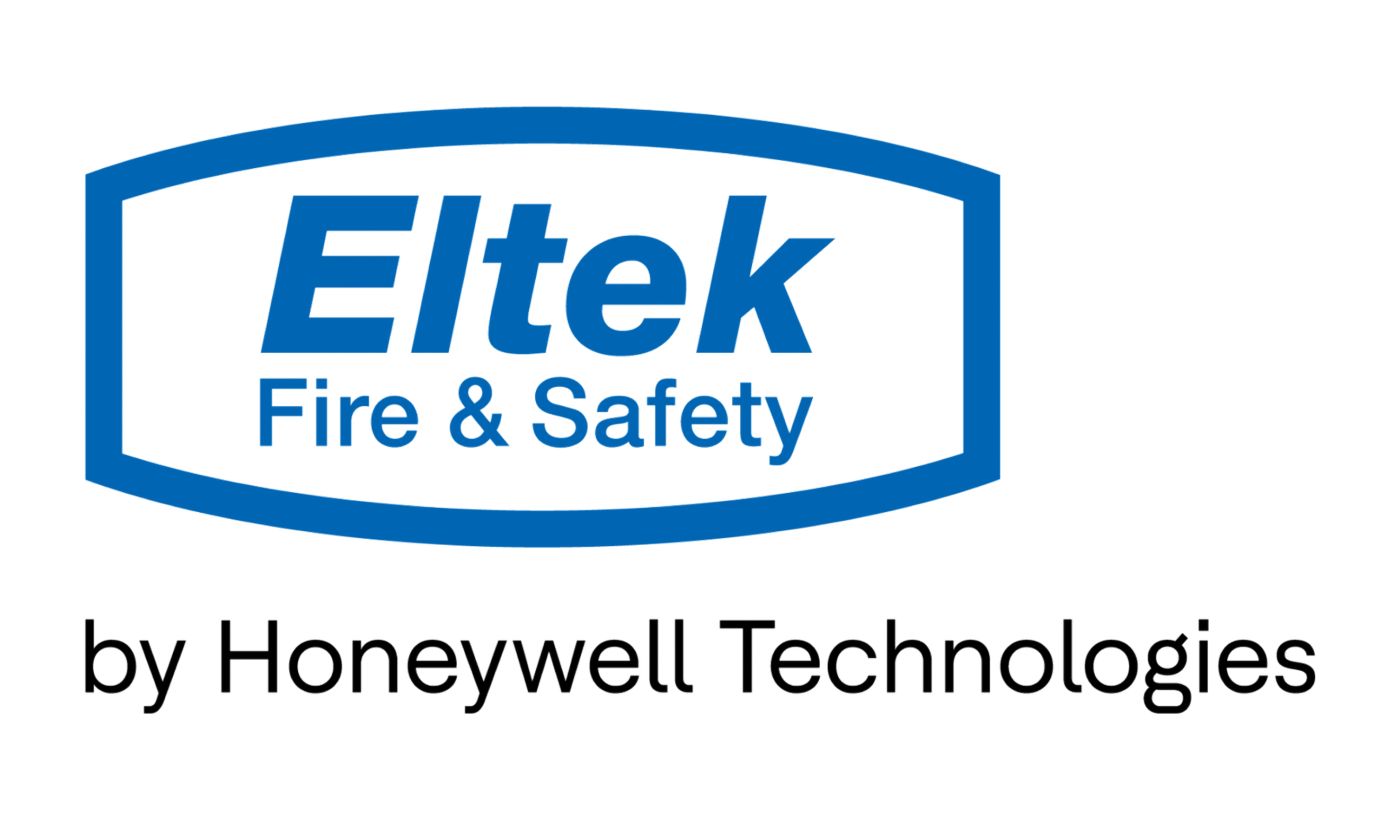 Eltek Fire and Safety logo featuring the blue Eltek wordmark within a curved rectangular border and the by Honeywell Technologies endorsement below.